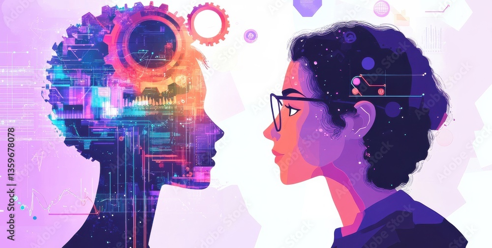 Poster digital interaction between human and ai represented through colorful illustration