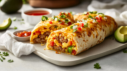 Delicious breakfast burritos filled with eggs, sausage, peppers, and cheese on a sunny kitchen counter