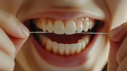 Fototapeta premium Proper dental hygiene practice at home during morning routine with flossing technique