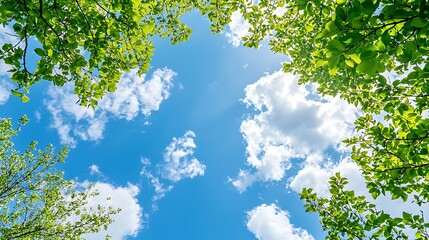 Lush green leaves frame a vibrant blue sky dotted with fluffy white clouds. Sunlight streams through the foliage