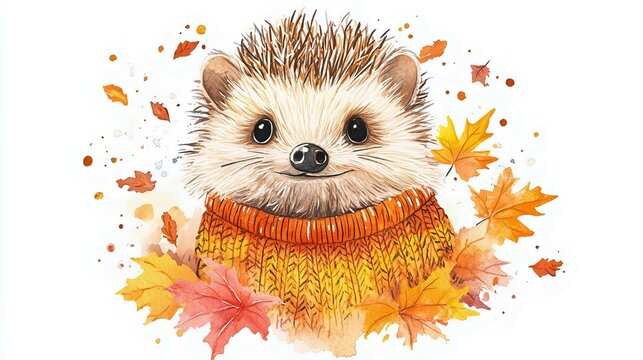 Adorable hedgehog wearing a cozy orange sweater surrounded by autumn leaves, capturing the warmth of fall in a whimsical illustration.