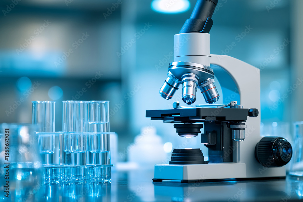 Poster modern microscope in a laboratory setting, showcasing scientific research and technological advancem
