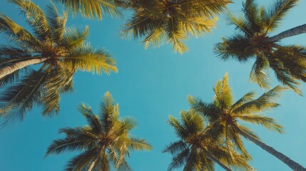 Obraz premium A high-angle shot looking up at multiple coconut trees with their green fronds framing the blue sky.