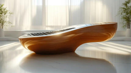 Unique wooden instrument design placed elegantly in a bright modern interior space