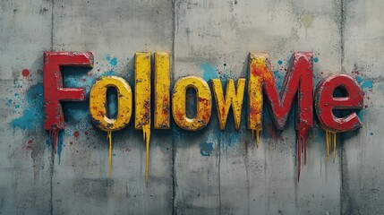 "Follow Me" spray-painted in bold graffiti-style lettering with vibrant colors like red, yellow, and blue.