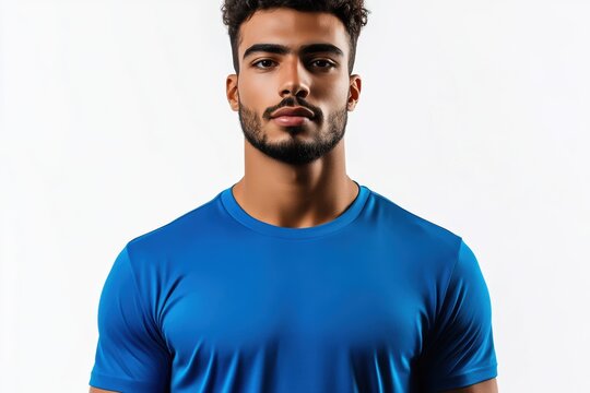 Young man poses confidently in a blue t-shirt against a plain background during a studio session for a fashion showcase or modeling portfolio