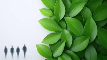Obraz premium Lush green leaves create serene backdrop, with silhouettes of people walking, symbolizing growth and harmony in nature
