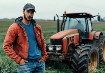 A farmer in his thirties poses confidently next to his tractor amidst lush green fields. The overcast sky adds a rustic charm to the rural landscape