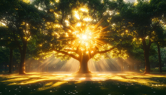 Golden Sunlight Illuminating Trees In A Forest