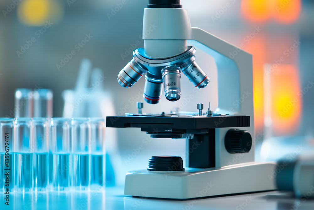 Poster close-up of a laboratory microscope, showcasing its detailed structure and lenses, suggesting scient