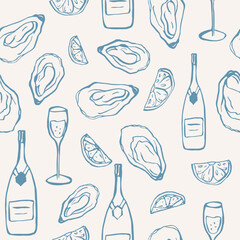 Hand drawn sketch oysters and champagne background