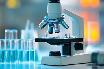 Close-up of a laboratory microscope, showcasing its detailed structure and lenses, suggesting scientific research, medical analysis or discovery