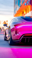 Pink electric sports car parked city sunset