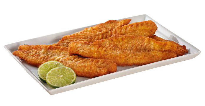 prato com fil&eacute; de peixe empanado isolado em fundo transparente