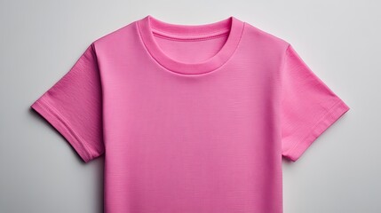 Pink T-shirt on white background, top view 
