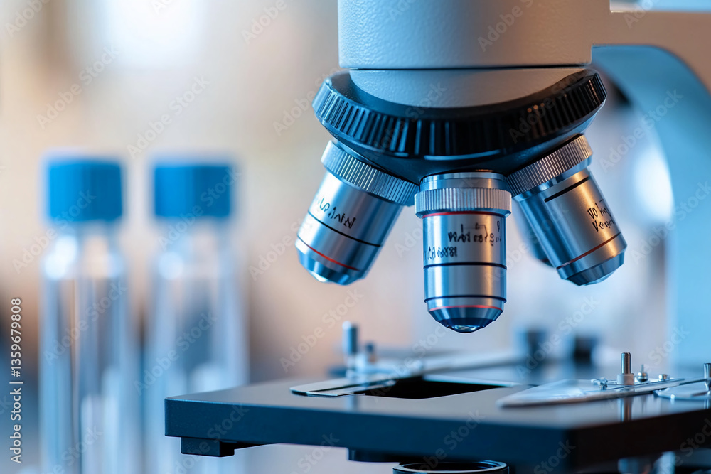 Poster close-up of a microscope's objective lenses, showcasing scientific research and precision, symbolizi