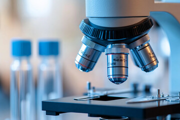 Close-up of a microscope's objective lenses, showcasing scientific research and precision, symbolizing discovery, innovation, and technological advancement in a lab setting