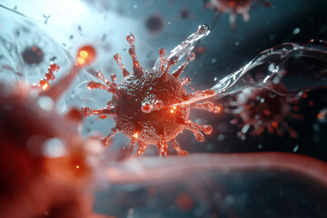 Obraz premium Microscopic View of Virus: Detailed, conceptual depiction of a virus cell with a spiked structure.
