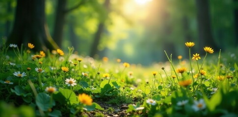 Sunlight dappled on lush green woodland floor, wildflowers blooming , wildflowers, vegetation, woodland floor