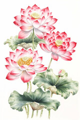 Pink lotuses blooming, green leaves, white background, nature design