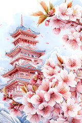 Pink Pagoda Spring Blossoms Japan Travel Poster