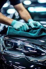 Detailing a black car at a professional workshop during evening hours while preparing for the final inspection and showcasing meticulous attention to cleanliness and shine