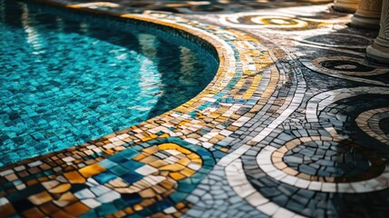 A macro shot of a mosaic-tiled pool floor, capturing the intricate details and colors of the tiles.
