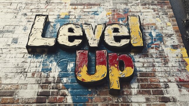 text "Level Up" in graffiti-style letters, with a mix of vibrant colors
