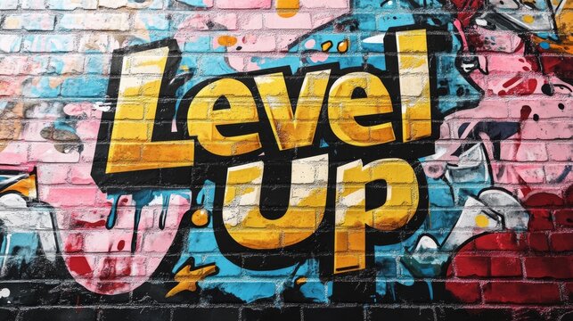 text "Level Up" in graffiti-style letters, with a mix of vibrant colors