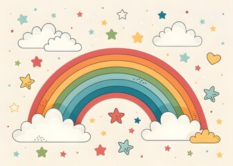 colorful rainbow background with clouds and stars