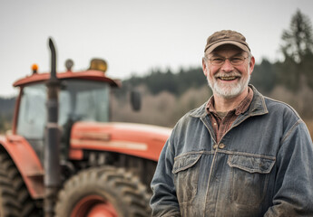 A middle-aged farmer stands confidently near his tractor in a field, showcasing his dedication to agriculture. The landscape features trees in the background, emphasizing the countryside setting