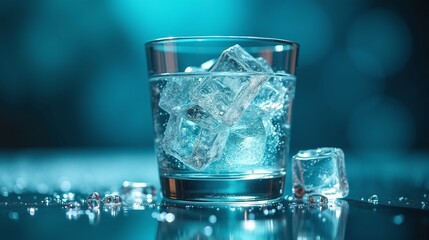 A glass of water with ice cubes against a blurred blue background.