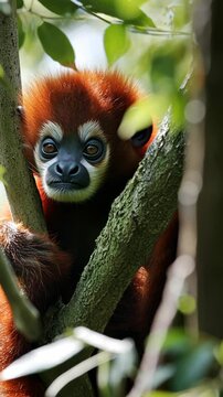 Curious red monkey peeks out from behind a tree branch in a lush green forest during daylight hours