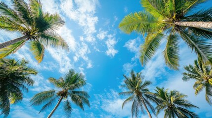 A peaceful tropical landscape featuring coconut trees and a serene blue sky with wispy clouds.