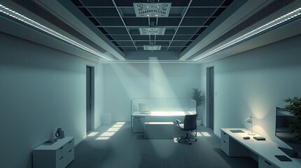 Modern office space with desks lights and neutral color scheme