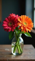 Vibrant gerbera daisies in glass vase, rustic wood table , macro, details