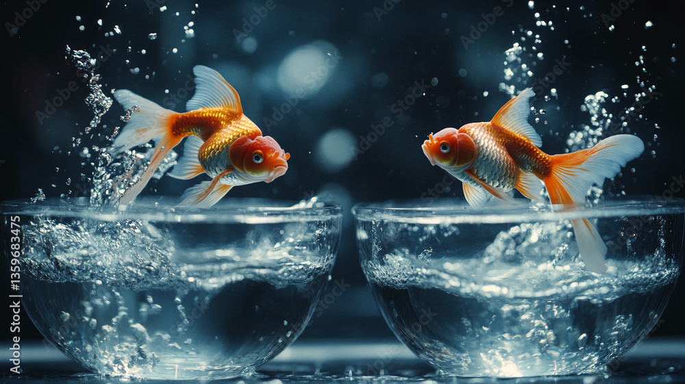 Poster two orange goldfish leap into glass bowls of water, creating dynamic splashes. the image symbolizes 