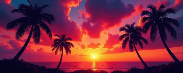 Vibrant sunset hues paint sky, palm trees dark against fiery backdrop, high resolution, vacation, clouds