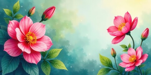 Fototapeta premium Vibrant watercolor blooms, delicate petals, lush greenery, vivid, bright