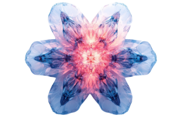 A crystalline blossom of light revealing hidden depths emerging from the dark in an abstract render of complex geometric ice formations with blue and pink hues.