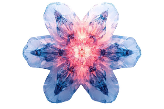 A crystalline blossom of light revealing hidden depths emerging from the dark in an abstract render of complex geometric ice formations with blue and pink hues.