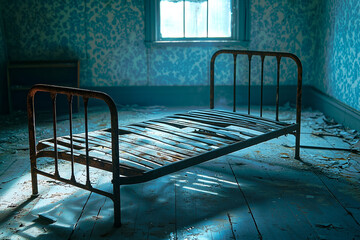 An empty child bed frame in an abandoned room a simple metal bed frame without a mattress