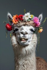 Cheerful llama with flower crown