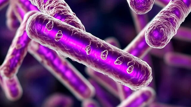 Purple bacilli under magnification exhibiting unique structure and characteristics in a microscopic view