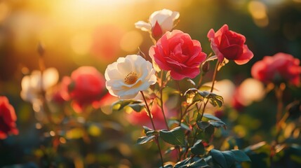 Obraz premium Close-Up of White Roses Blooming on Red Stems With Lush Green Leaves in Natural Garden Setting Highlighting Floral Beauty and Elegance