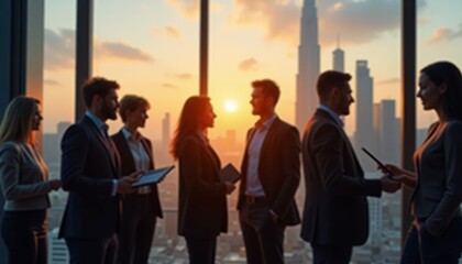 Business Team Meeting at Sunset in Skyscraper Office