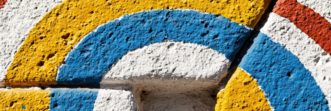 Painted Stone Wall with Yellow, Blue, White, and Red Arcs