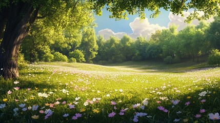 Idyllic Spring Meadow With Blooming Wildflowers and Sunlit Trees Highlighting Peace, Nature, and Seasonal Beauty