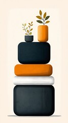 Tower of smoothed stones topped with plants in pots. Neutral tones, minimalistic