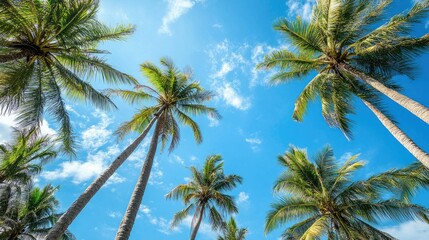 A scenic view of multiple coconut trees standing tall against a vibrant blue sky on a sunny day.